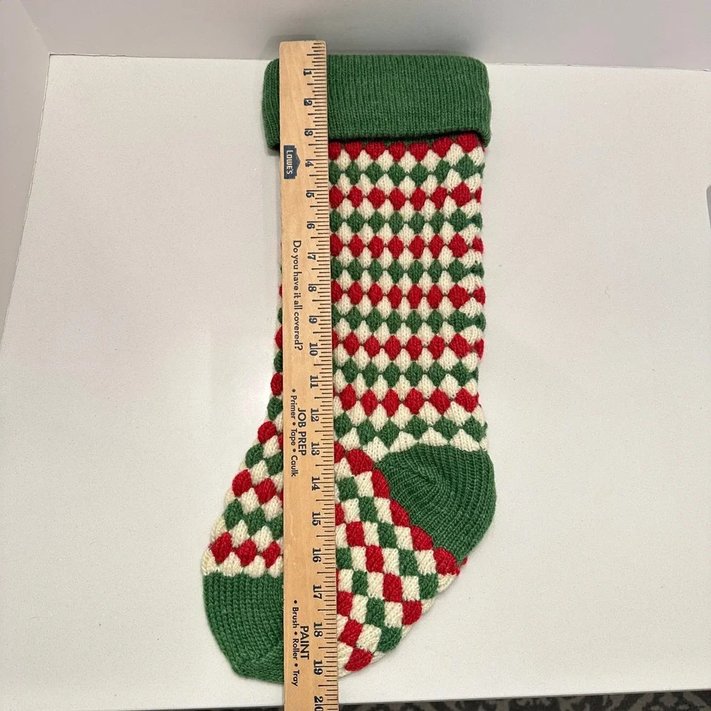 Vintage Style Hand Knit‎ Christmas Stocking Red Green White Diamond Bubble Knit